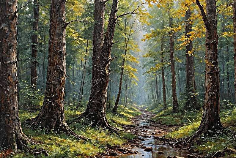 Serene Forest with Stream and Sunlight by Wildscape Creations