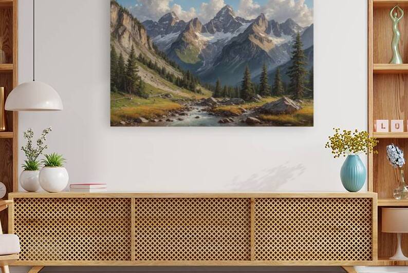 Majestic Mountain Landscape with Stream by Wildscape Creations
