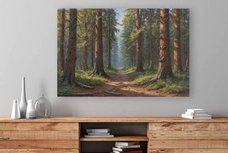 Serene Forest Pathway with Tall Pine Trees by Wildscape Creations
