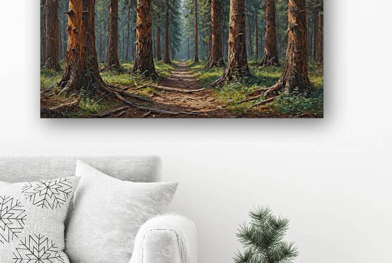 Serene Forest Pathway with Tall Pine Trees by Wildscape Creations