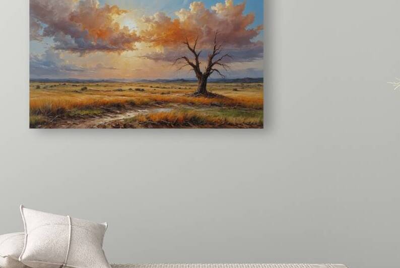 Barren Tree at Sunset in Golden Field by Wildscape Creations