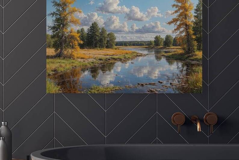 Autumn River Landscape with Fluffy Clouds by Wildscape Creations