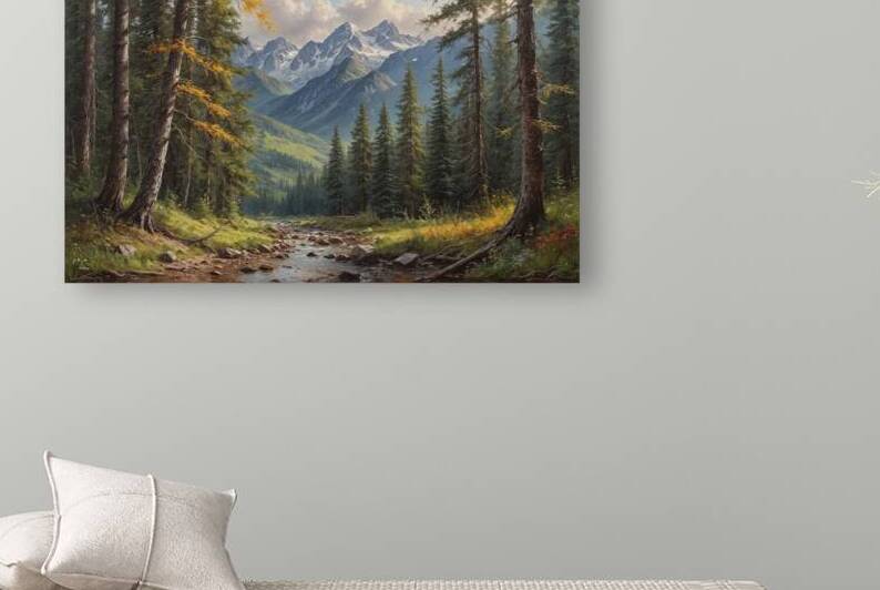 Serene Mountain Landscape with Stream and Forest by Wildscape Creations