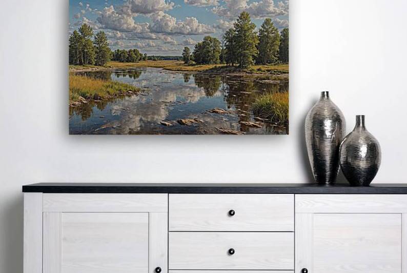 Serene River Landscape with Reflections and Lush Greenery by Wildscape Creations