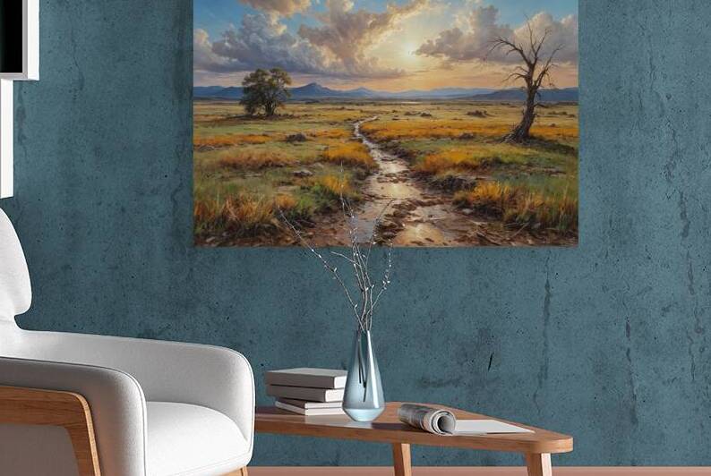 Serene Sunset Landscape with Winding Stream by Wildscape Creations