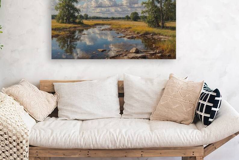 Serene Stream Landscape with Fluffy Clouds by Wildscape Creations