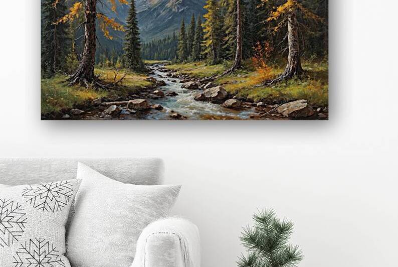 Serene Mountain Landscape with Stream and Autumn Foliage by Wildscape Creations
