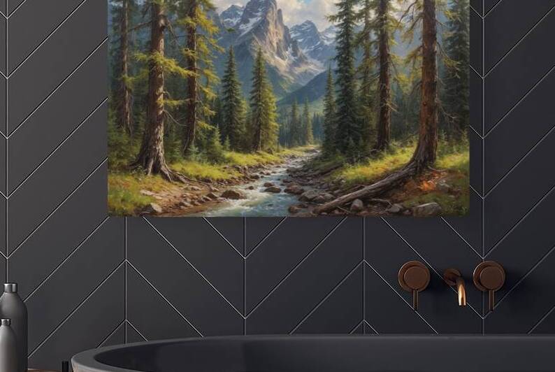 Serene Mountain Landscape with Stream and Evergreen Trees by Wildscape Creations