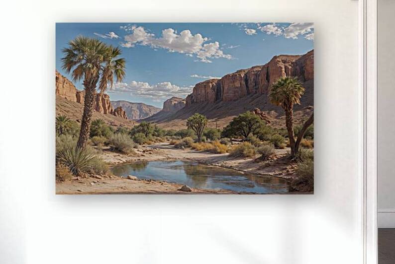 Serene Desert Landscape with Palm Trees and Stream by Wildscape Creations