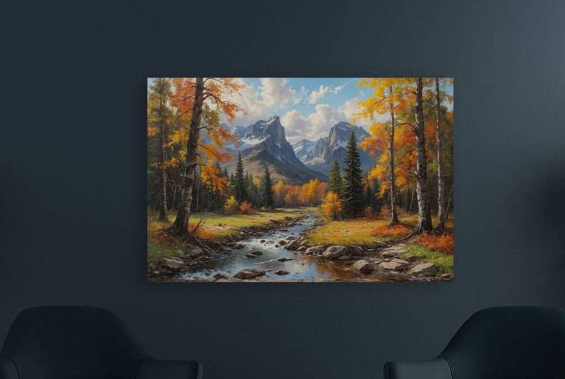 Serene Autumn Landscape with Stream and Mountains by Wildscape Creations