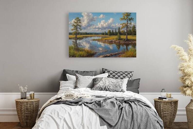 Tranquil River Landscape with Reflections by Wildscape Creations