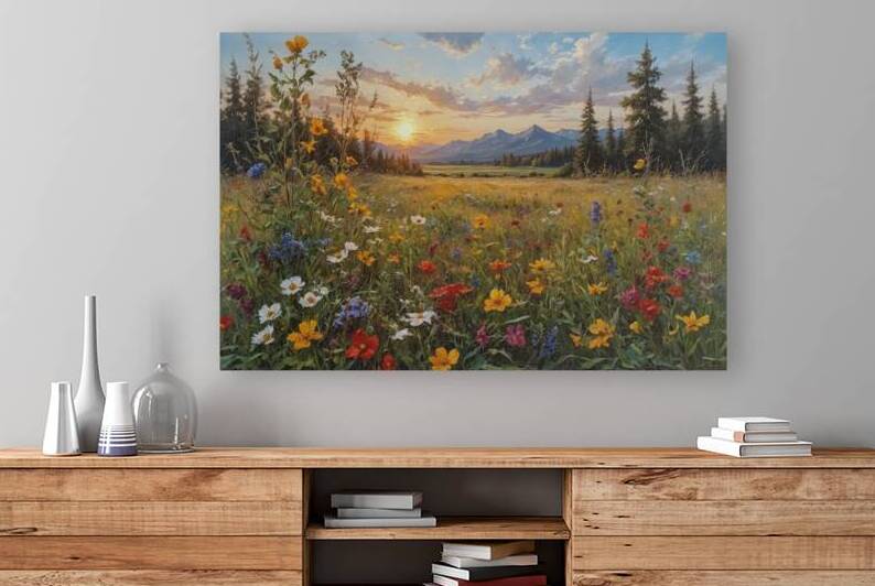 Vibrant Wildflower Landscape at Sunset by Wildscape Creations