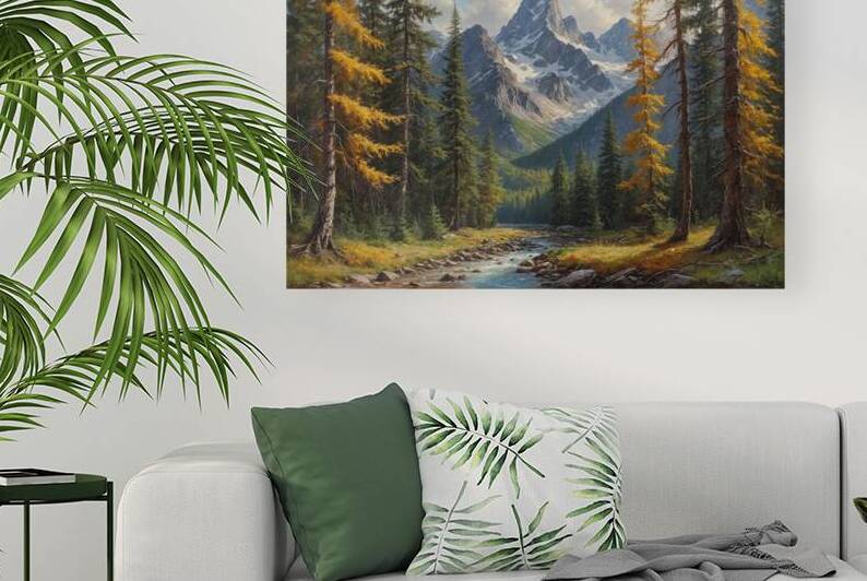Majestic Mountain Landscape with River and Autumn Trees by Wildscape Creations