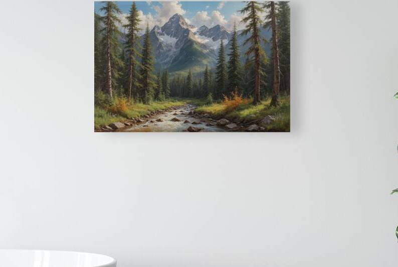 Serene Mountain Landscape with River and Evergreen Trees by Wildscape Creations