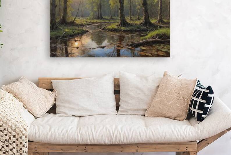 Serene Swamp Landscape at Sunrise by Wildscape Creations