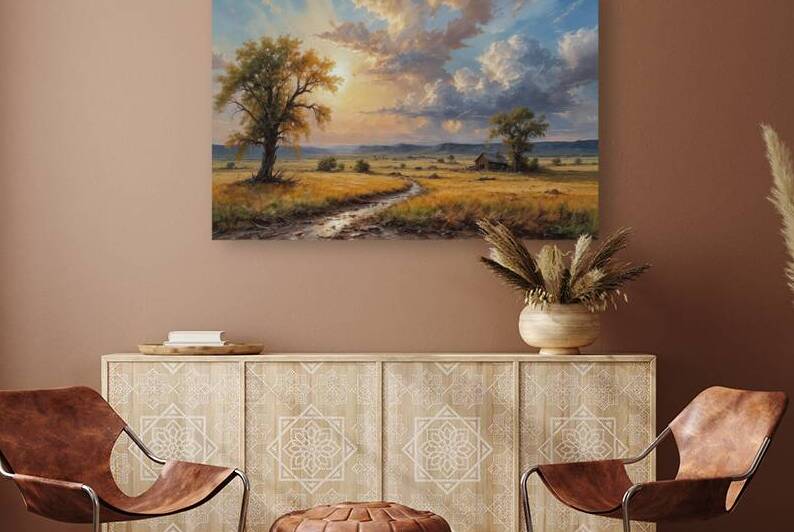 Serene Sunset Landscape with Rustic Cabin by Wildscape Creations