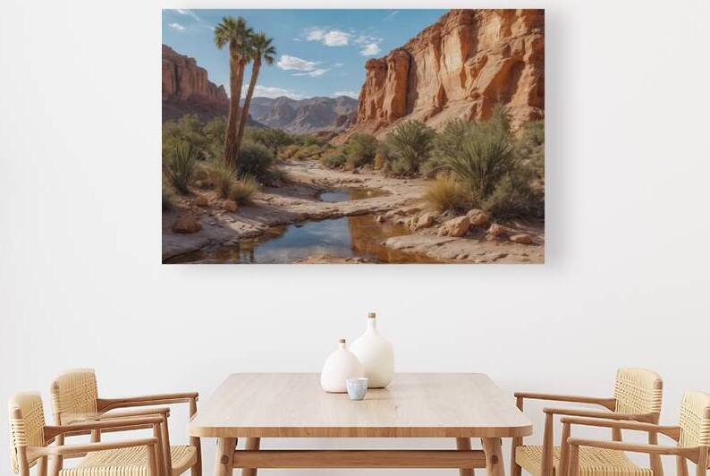 Serene Desert Landscape with Stream and Palm Trees by Wildscape Creations