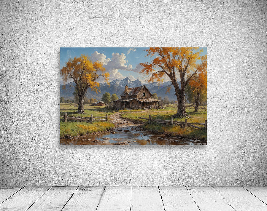Charming Autumn Landscape with Rustic House Wall Preview