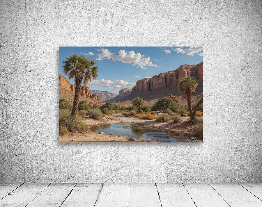 Serene Desert Landscape with Palm Trees and Stream Wall Preview