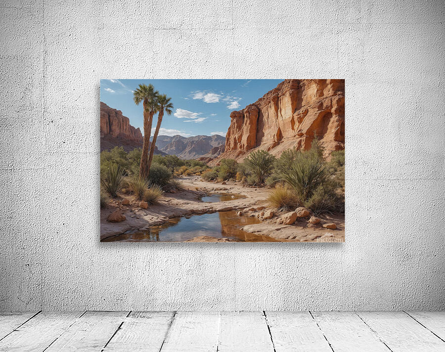 Serene Desert Landscape with Stream and Palm Trees Wall Preview