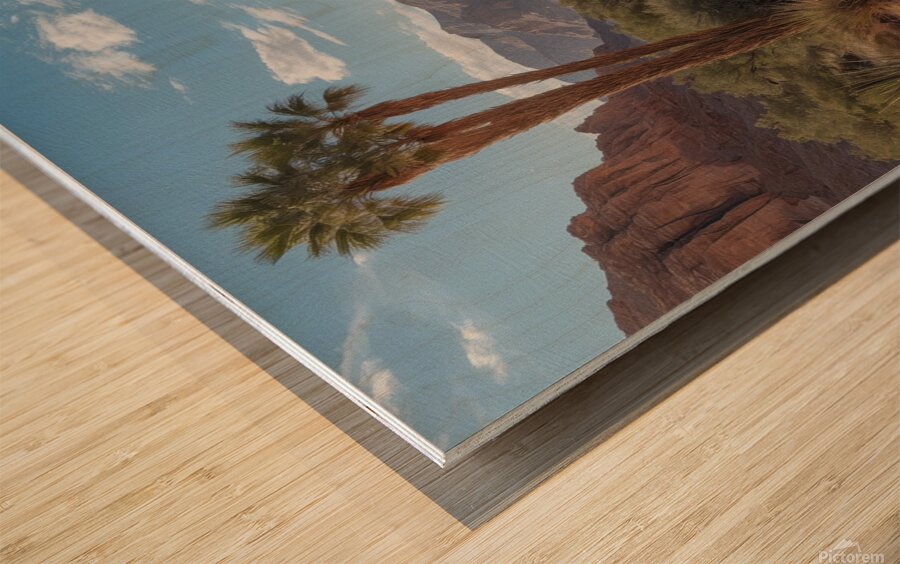 Serene Desert Landscape with Stream and Palm Trees Wood print