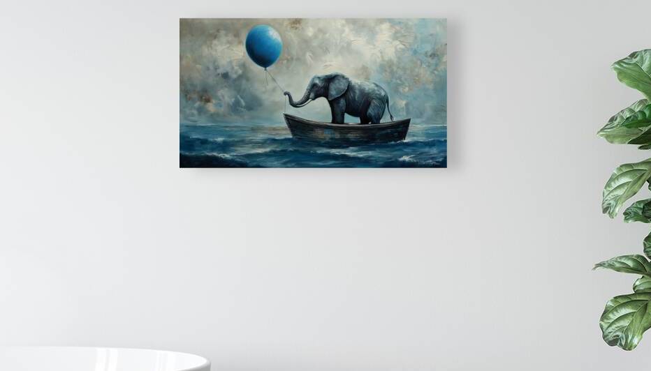 Elephant in boat in ocean with blue balloon  by Maxleron