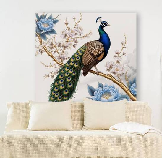 Majestic Golden Peacock on Blooming Branch - Luxurious Oriental Art by karlernest