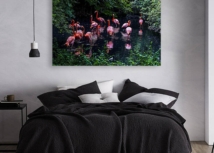 Pink flamingos in a pond by sergiopazorama