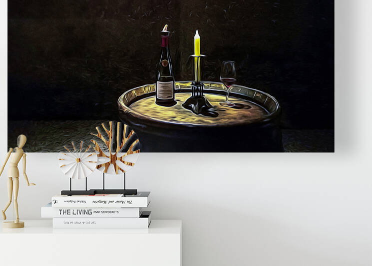 Bottle candle and glass resting on a wine barrel by sergiopazorama