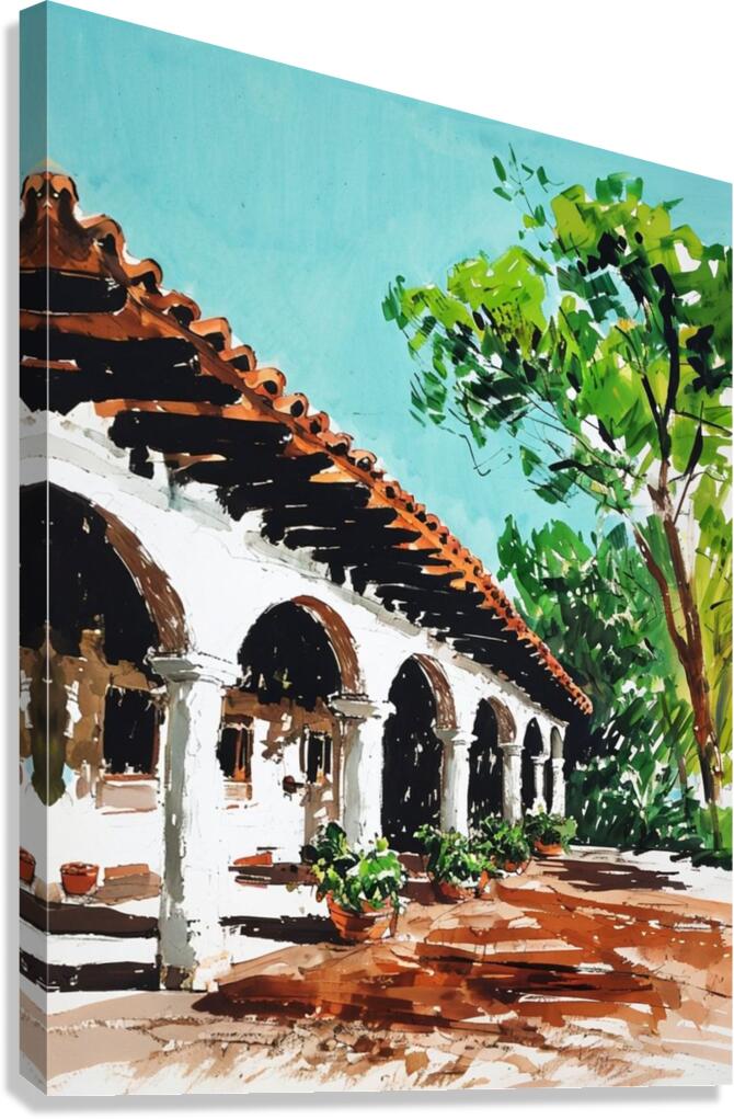 Rustic Building With Archways And Lush Greenery Surrounding Canvas Print