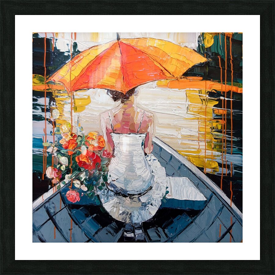 Serene Reflections – A Woman with an Orange Umbrella Picture Frame print