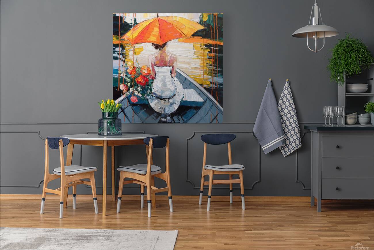 Serene Reflections – A Woman with an Orange Umbrella Reproduction