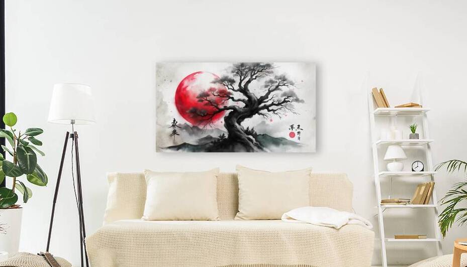 Japanese Landscape with Twisted Tree by VintageBioCanvas Studio