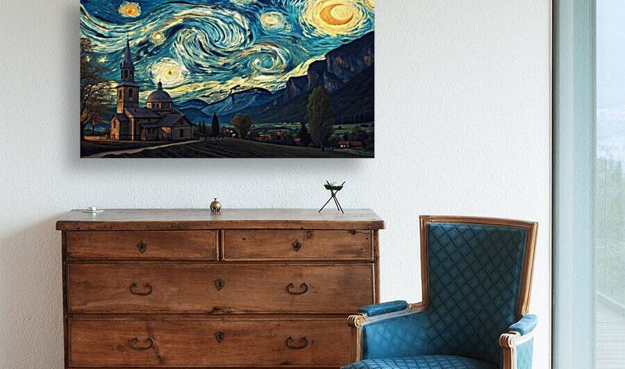 Starry Night Over Alpine Village by VintageBioCanvas Studio