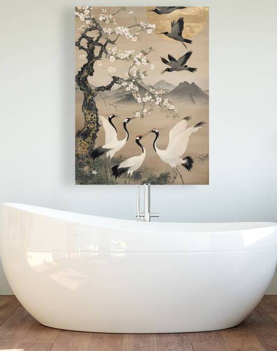 Harmony of Cranes at Dawn by VintageBioCanvas Studio