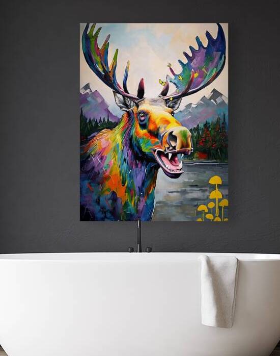Vibrant Psychedelic Moose in Mountain Landscape.p by VintageBioCanvas Studio
