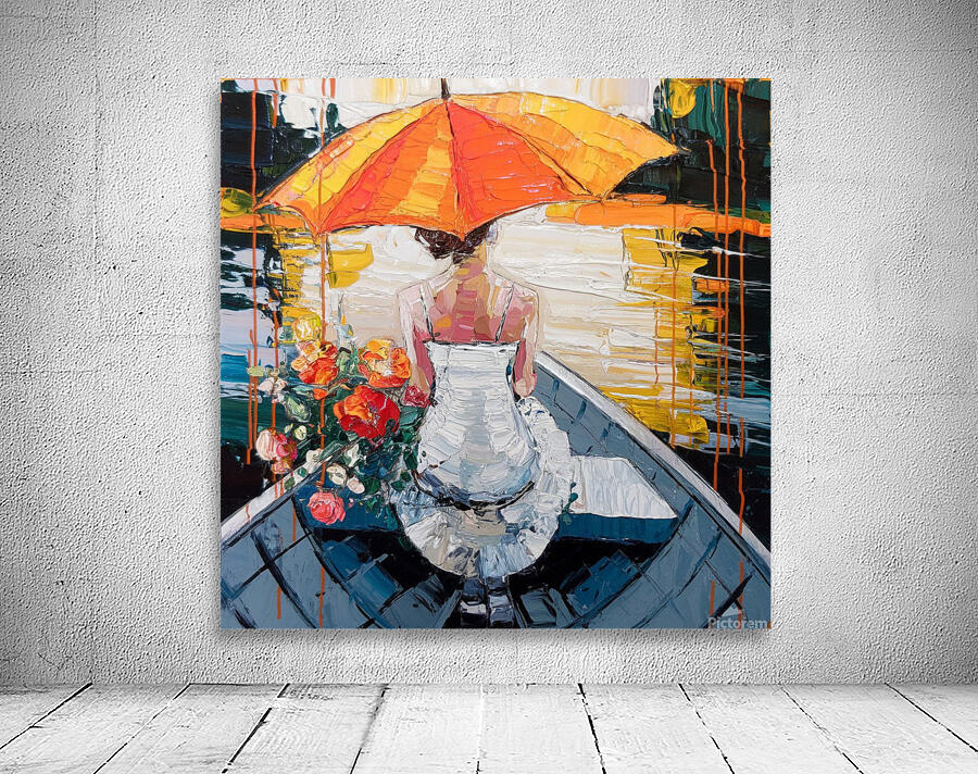 Serene Reflections – A Woman with an Orange Umbrella Wall Preview