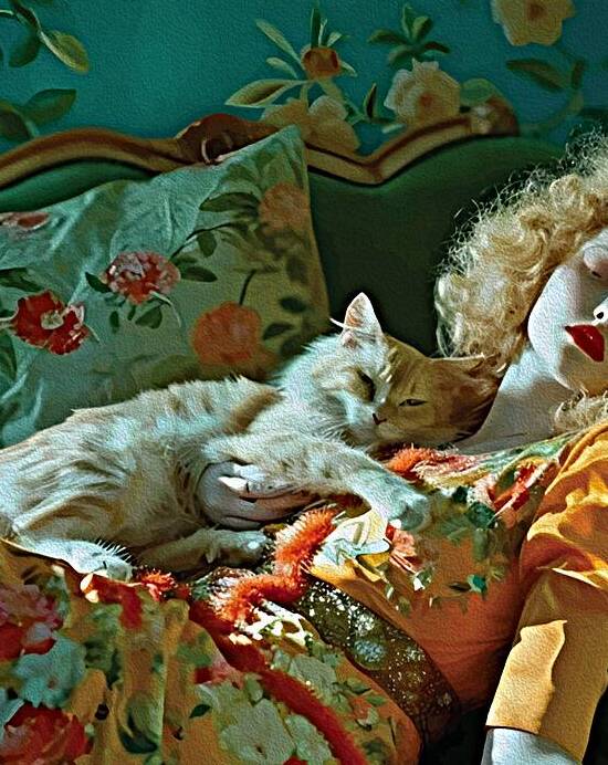 Vintage Woman and Cat Wall Art Romantic Floral by Ramy Salah Hefny