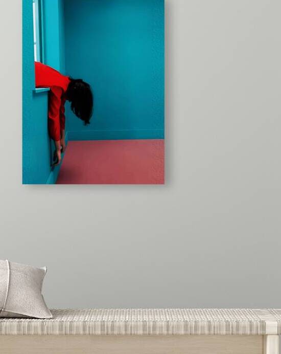Modern Minimalist Conceptual Woman in Red Against Blue and Pink Background by Ramy Salah Hefny
