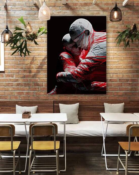 Red Strings of Fate Wall Art – Emotional Embrace Sculpture Modern Abstract Print by Ramy Salah Hefny