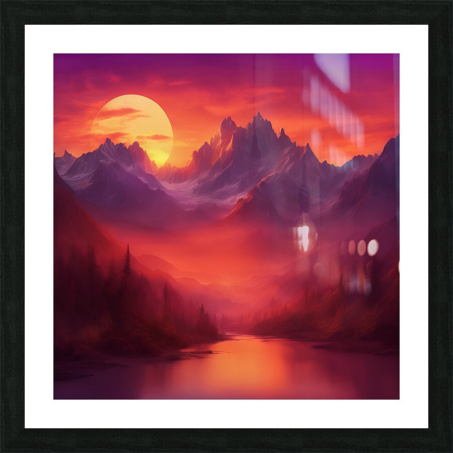  the sun setting over towering mountain peaks Picture Frame print