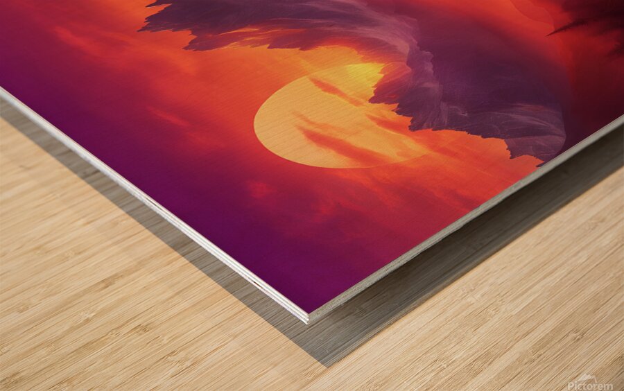  the sun setting over towering mountain peaks Wood print