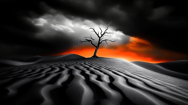 Solitary Gnarled Tree Desert Golden Hour Storm Clouds Bright Orange Sunset High Contrast Fine Art Texture Contrast Digital Download