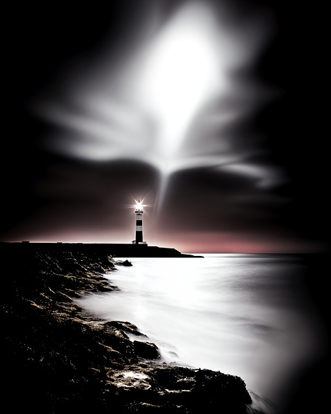 Fine Art High Contrast Photography Lighthouse Beacon Sweeping Dark Ocean Long Exposure Red Color Accent Telephoto Lens Digital Download