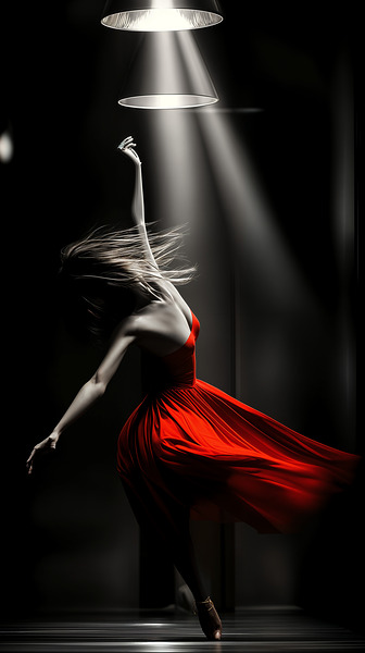 Fine Art High Contrast Photography Dancer Mid Leap Spotlight Red Color Accent Dramatic Movement Art Digital Download