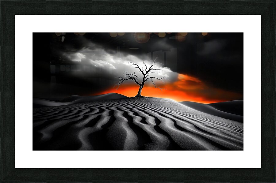 Solitary Gnarled Tree Desert Golden Hour Storm Clouds Bright Orange Sunset High Contrast Fine Art Texture Contrast Picture Frame print