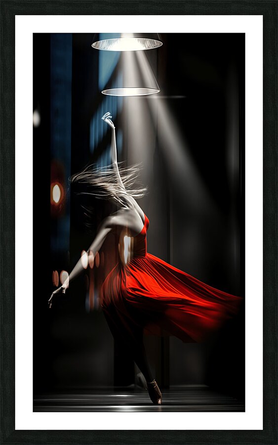 Fine Art High Contrast Photography Dancer Mid Leap Spotlight Red Color Accent Dramatic Movement Art Picture Frame print