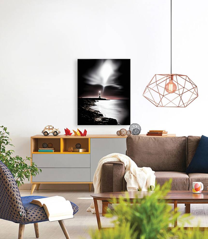 Fine Art High Contrast Photography Lighthouse Beacon Sweeping Dark Ocean Long Exposure Red Color Accent Telephoto Lens Reproduction
