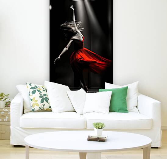 Fine Art High Contrast Photography Dancer Mid Leap Spotlight Red Color Accent Dramatic Movement Art Reproduction