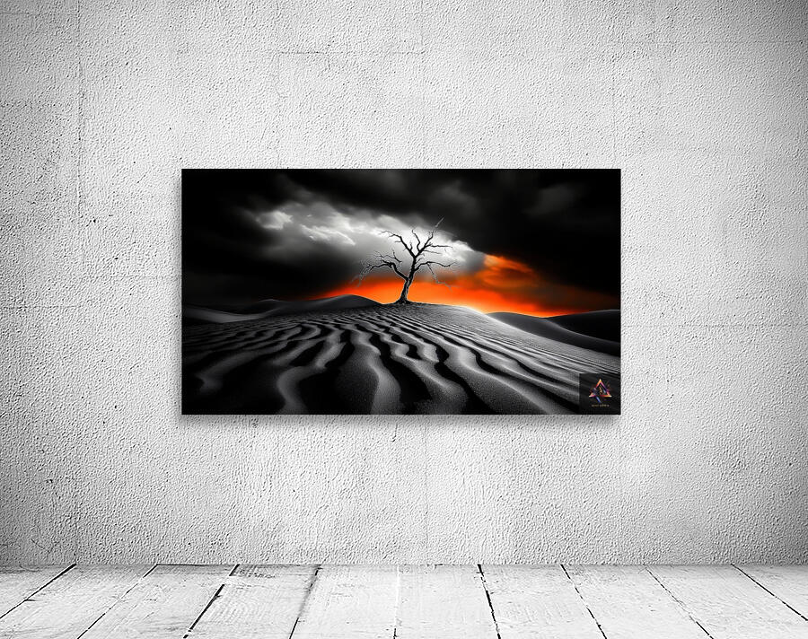 Solitary Gnarled Tree Desert Golden Hour Storm Clouds Bright Orange Sunset High Contrast Fine Art Texture Contrast Wall Preview